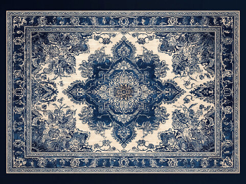 Oriental rug top view in pale gold and navy blue, intricate pattern design, persian carpet texture, vintage decor with even studio lighting, copy space, authentic antique style