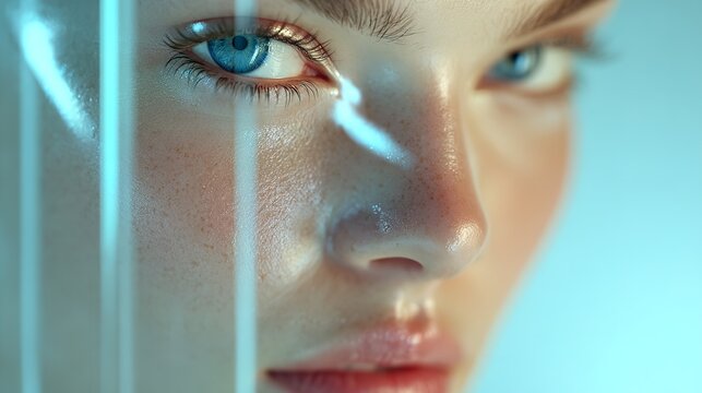 Close-up of a Young Woman's Eye with Beautiful Blue Iris and Complexion