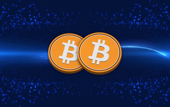 Bitcoin-BTC cryptocurrency logos drawings on digital background.