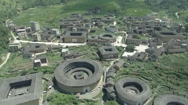 Aerial view of ancient earthen buildings located in rural china