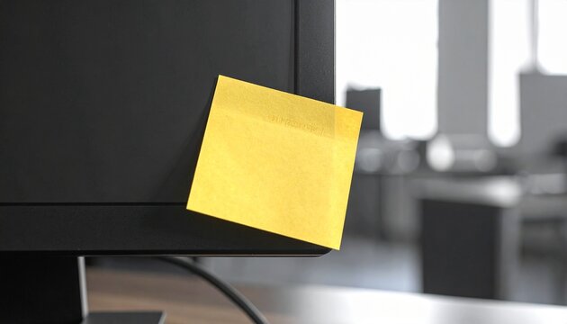 Blank yellow sticky note on a computer monitor in a modern office with selective color.