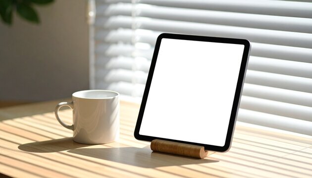 Digital tablet mockup with a blank white screen on a wooden stand next to a coffee cup on a sunlit desk.