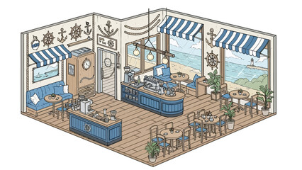 Obraz premium Beachside Restaurant Illustration with Blue Awnings and Decking.