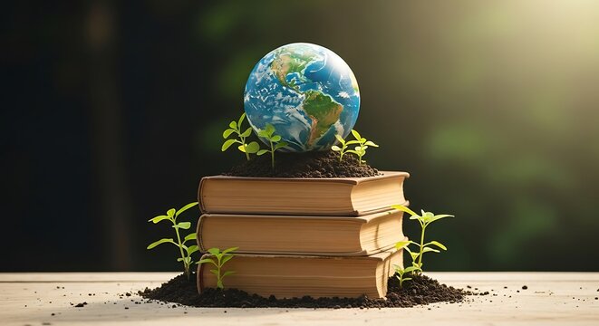 World book day background with globe on stack of books symbolizing education and sustainability