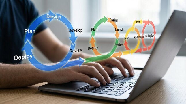 Person using laptop with software development lifecycle diagram overlay for coding design and deployment