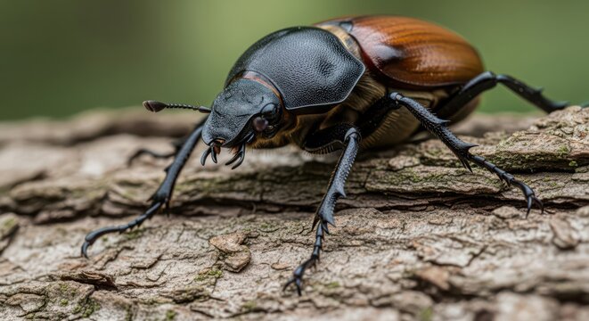 Close-up macro photography of a brown and black beetle's legs gripping rough tree bark in its natural habitat