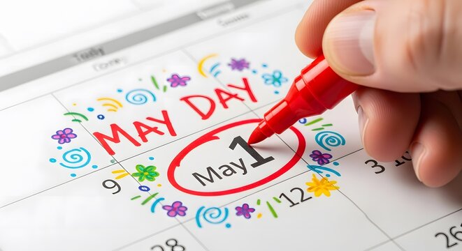Hand Marking May 1st on Calendar with Red Marker and Festive Decorations Keywords: May Day, May 1st, calendar, marking, date, appointment