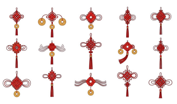 Elegant Chinese knot ornament set with coins tassels and geometric patterns for lunar festival and cultural decoration design