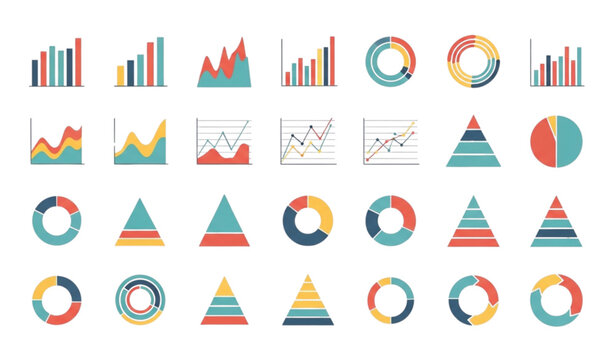 Colorful statistical charts and diagrams set with bar line pie and pyramid graphs for business data analysis and reports