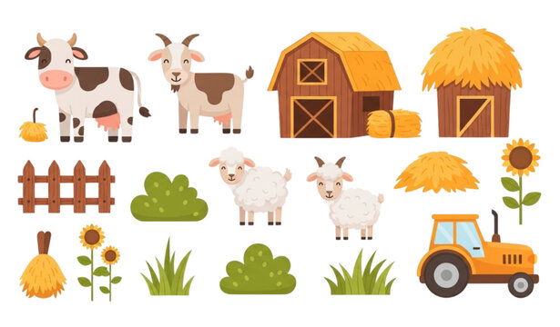 Cute cartoon farm set with cow goat sheep tractor barn and sunflower elements for children education and nursery design
