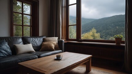 Fototapeta premium Cozy living room interior with a large window showcasing a serene mountain vista and lush forest