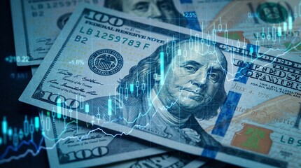Fototapeta premium Stack of us one hundred dollar bills with financial graphs and charts overlay representing wealth and market trends