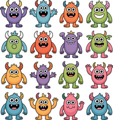 Obraz premium Collection of cute cartoon monsters in various colors and poses