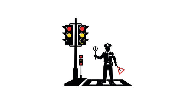 Traffic cop standing on a crosswalk with active traffic lights and holding a stop sign with Police Officer with Red Light with Yellow Light with Traffic Control with Black And White with Line Art