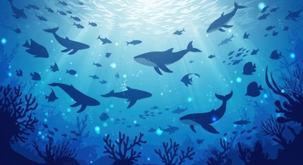 Obraz premium An underwater scene with various marine animals swimming in the ocean