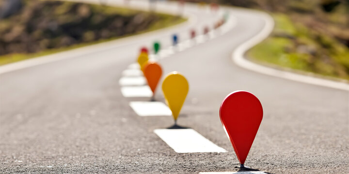 Colorful road markers on a winding asphalt highway with white lane dividers