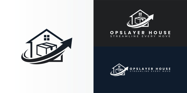 The modern SaaS logo features a house and a box with a forward arrow, symbolising movement and growth in operations. The clean lines reflect streamlined workflows and scalable business solutions.