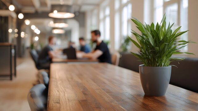 A modern co working space with a wooden table plant and blurred people working in the background