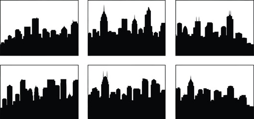 Obraz premium Collection of six modern city skyline silhouettes, black vector illustrations of diverse metropolitan cityscapes isolated on white.