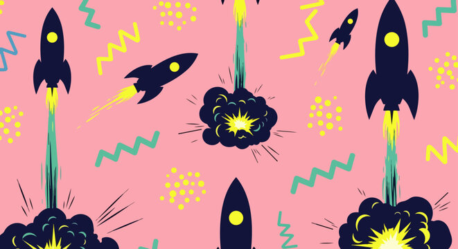 rocket spaceship launch explosion cartoon design featuring playful retro style spacecraft taking off on a vibrant pink background.