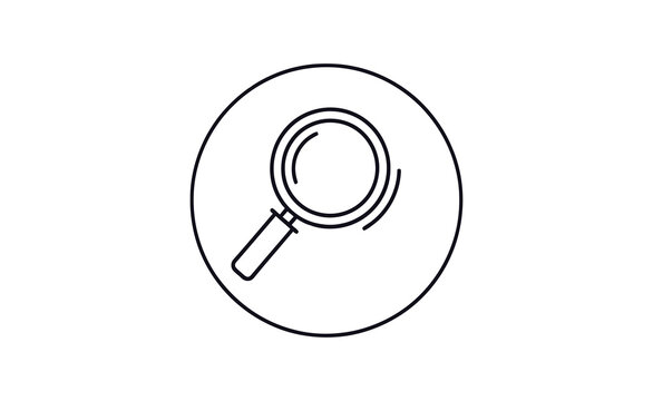 A simple line drawing of a magnifying glass in a circle on a white background