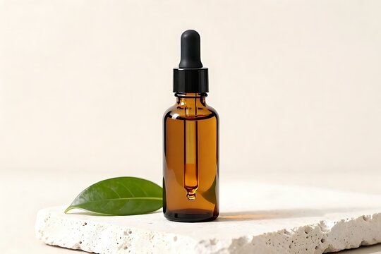 Essential oil bottle with pipette on travertine surface, clean aesthetic composition for cosmetic brand.