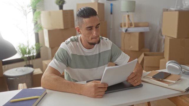 Man hands holding papers at table in apartment surrounded by moving boxes and notebooks, reading documents and checking phone; settling planning contemplation.