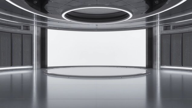 Modern futuristic monochrome hall with blank white poster in the center, mock up.