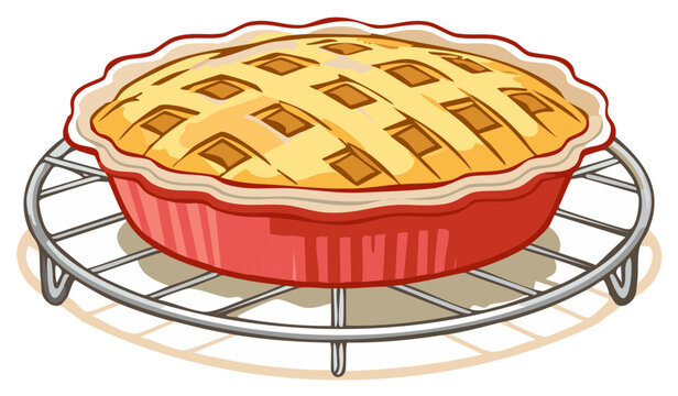 Freshly baked dessert pie with golden lattice crust in a red dish on a cooling rack illustration