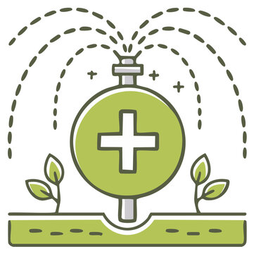 Agricultural fertigation icon with sprinkler watering plant seedlings for growth and nutrition