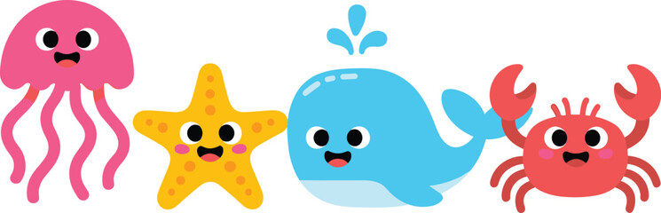 Cute sea animals cartoon set with jellyfish starfish whale crab colorful ocean character illustration collection © Kharshad Creative