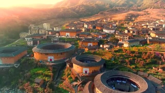 Ancient circular earthen buildings located in a scenic mountain village