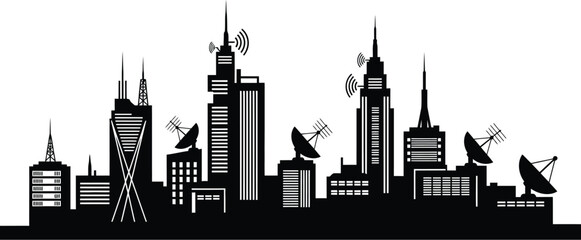 Obraz premium Futuristic city skyline with communication antennas and satellite dishes, modern urban landscape vector illustration on transparent background