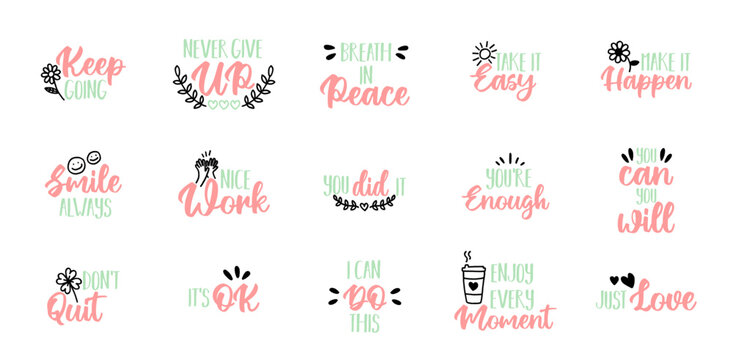 Positive Quote Typography Sticker Set Vol.2 &mdash; 15 Motivational Word Art & Affirmation PNG SVG Vector Illustration