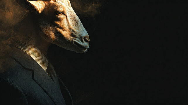 The image shows a man in a goat-headed suit, illuminated on one side, against a dark background. Business congratulations on the year of the goat. 2027.