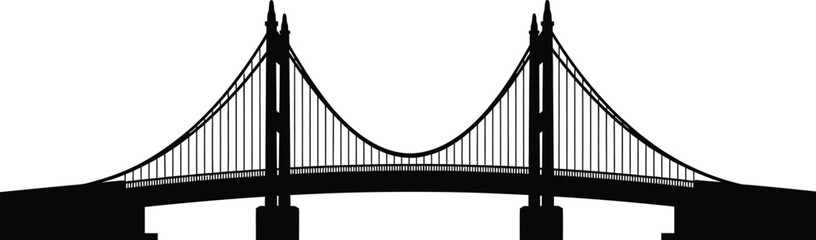 Fototapeta premium Suspension bridge silhouette with detailed cables and support towers vector art