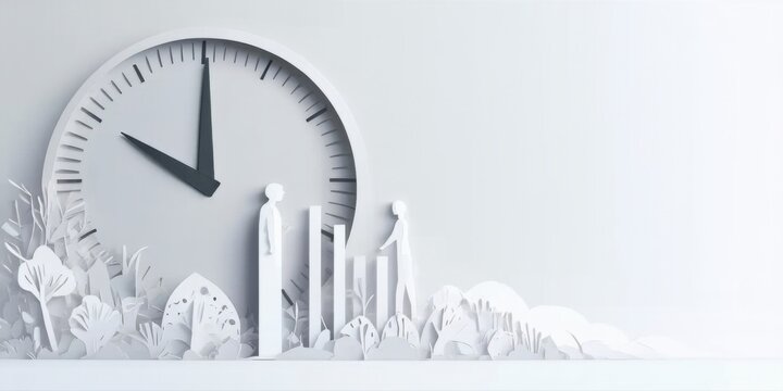 Minimalist papercraft scene. Clock, people, plants, buildings suggest time passing, growth, urban life. White background emphasizes simplicity.