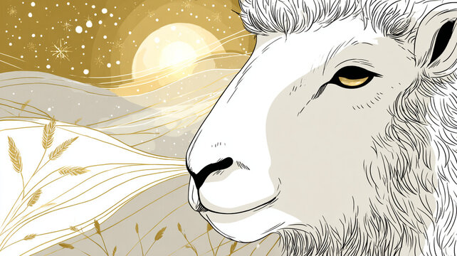 The image shows the head of a white sheep against a night sky with a moon and stars.