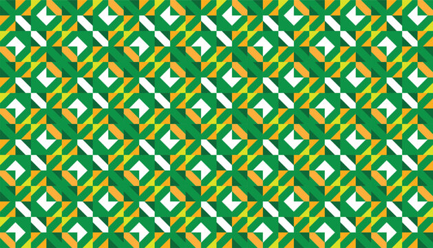 Seamless geometric abstract pattern with green, yellow, and white triangles and squares