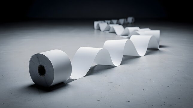 Long paper roll unspooling in a diminishing sequence across a flat surface with dramatic lighting