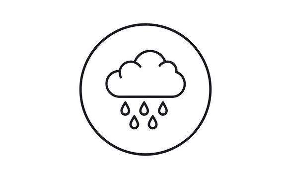 A simple line drawing of a rain cloud with raindrops in a circle on a white background