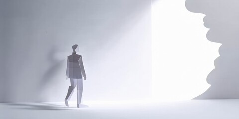 Fototapeta premium Minimalist figure walks toward bright light. Shadow extends behind, suggesting journey, hope, or transition. Stark contrast defines space.