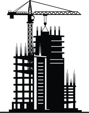 Construction site silhouette featuring tower crane and multi story building frame under development