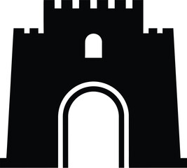 Fototapeta premium Ancient castle gate silhouette with stone walls and crenelated towers design