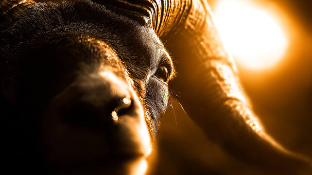Chinese New Year. 2027. The Year of the goat.  A ram with big horns on a dark background. Behind it is a large orange moon, creating a warm light.  Space for the text.