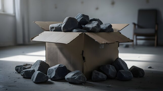 A cardboard box filled with large, dark rocks sits on a concrete floor with a chair in the background