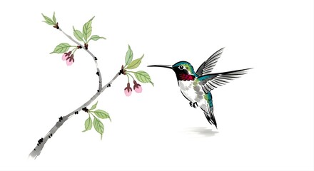 Obraz premium A colorful vector illustration of a tropical bird of paradise and a wild hummingbird with vibrant wings and feathers perched on a tree branch near a spring flower in nature