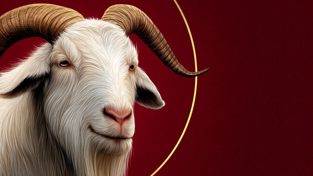 Chinese New Year. 2027. The Year of the goat.   A white goat with long horns on a red background. There is a golden circle around the goat's head. Space for the text.