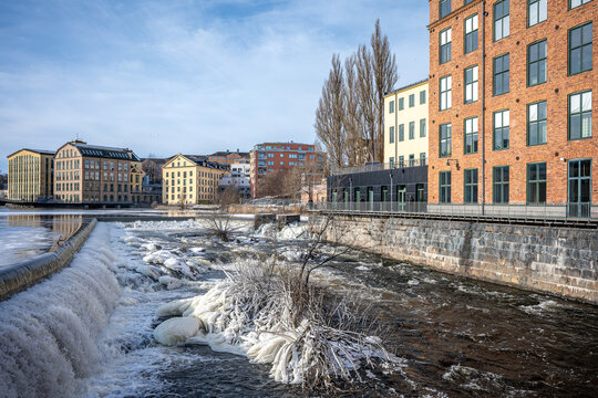 Motala Stream and the Industrial landscape during winter. Norrk&ouml;ping is a historic industrial town in Sweden. 