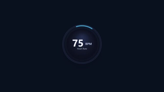 Circular radial gauge with a blue arc progress indicator displays BPM heart rate reading over a dark navy background, forming a clean medical health monitoring device